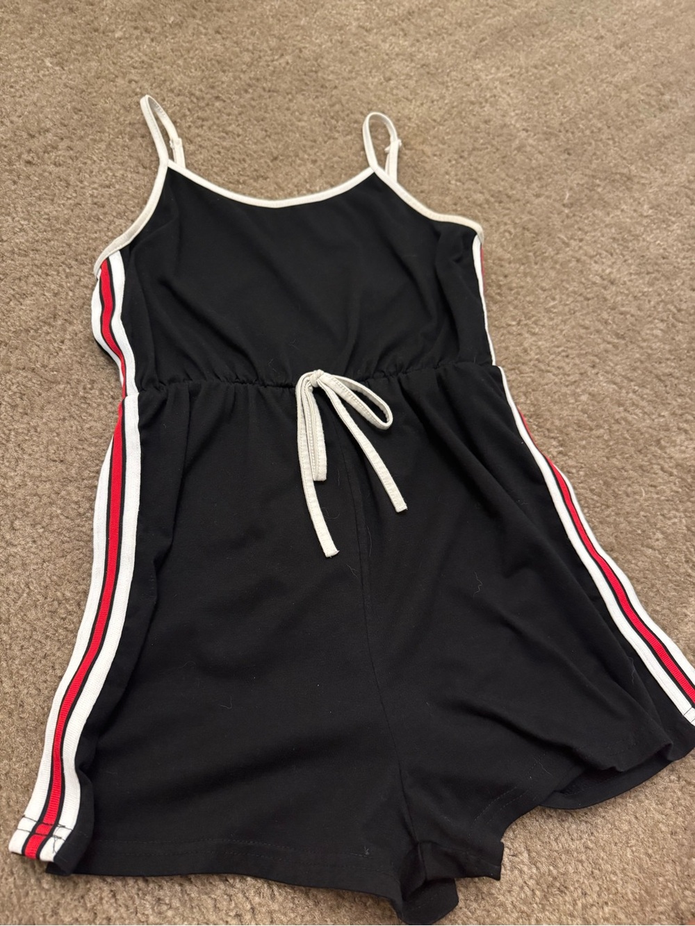 Black women’s Striped Romper with Red & White Trim